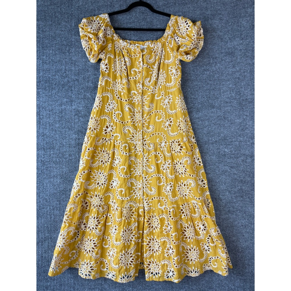 Cottagecore Boho Eyelet Mustard Puff Sleeve Midi Dress Floret Studios XL